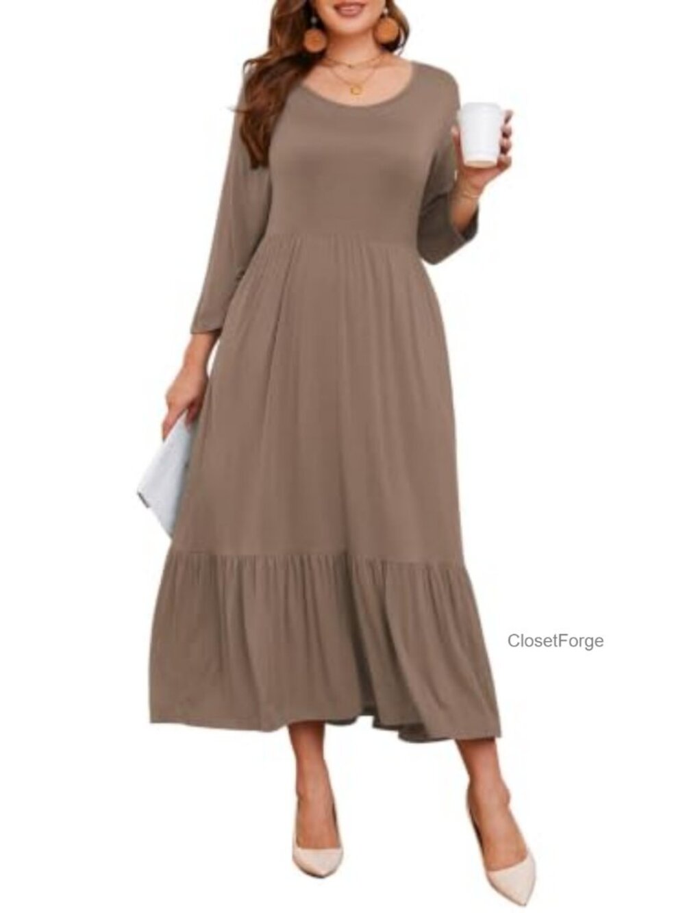 Plus Size 3/4 Sleeve Maxi Dress with Pockets Casual Swing